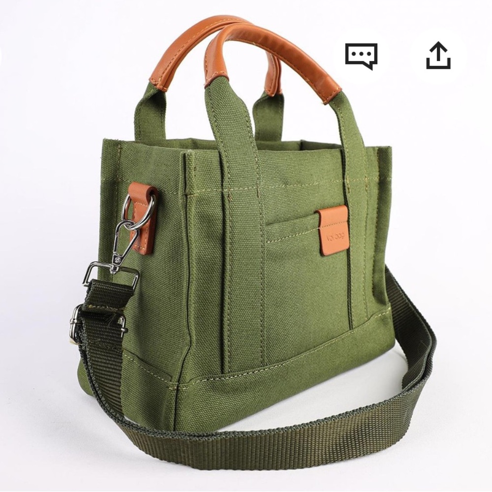 Green Canvas Tote Bag with Brown Accents